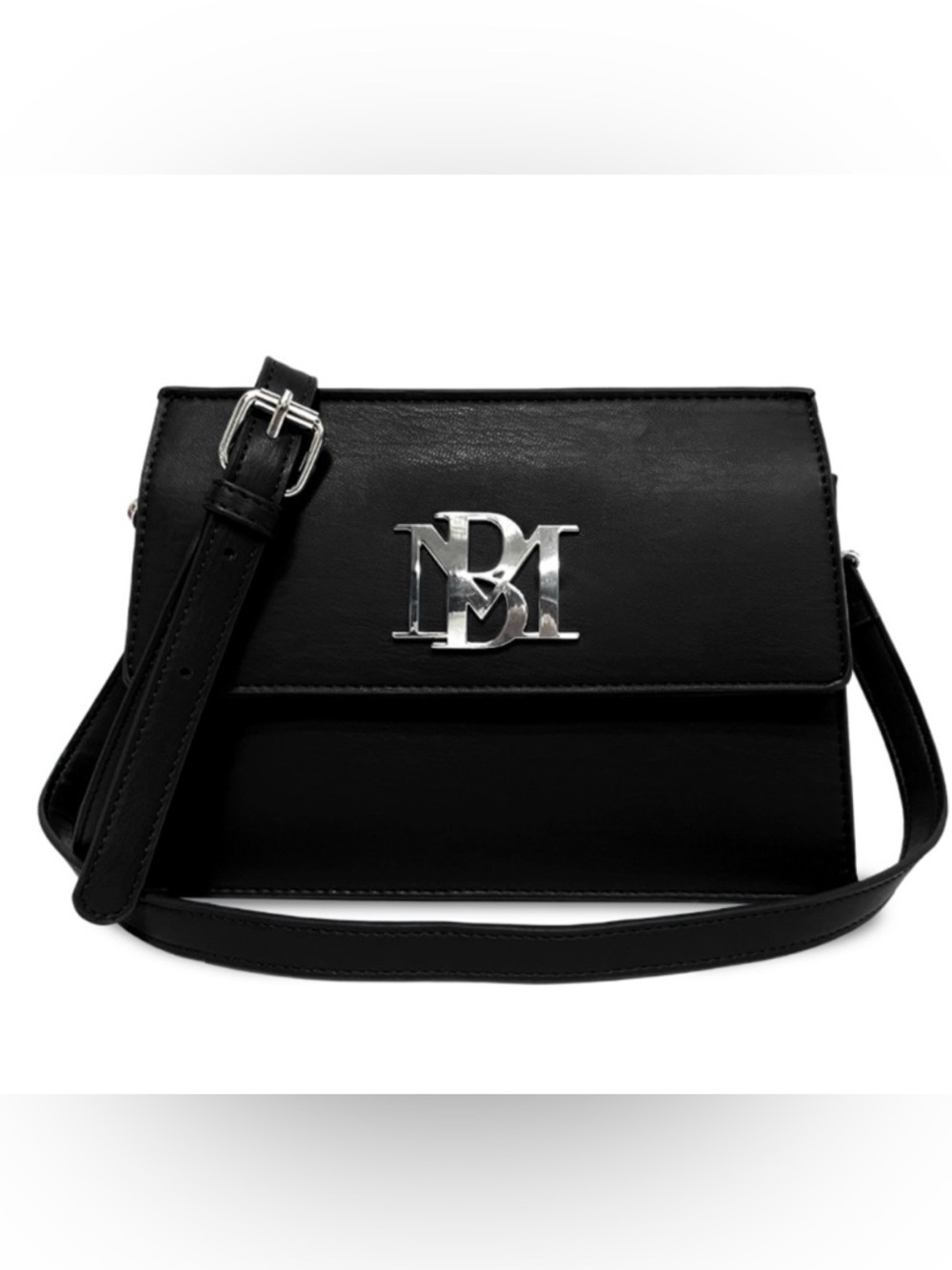 Badgley Mishka Black Leather Crossbody with Silver Monogram